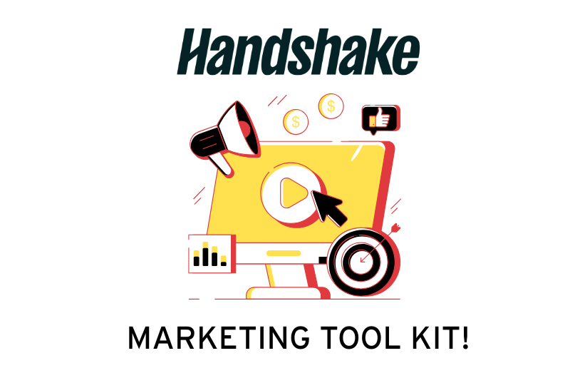 A computer with various marketing relating tools floating around.