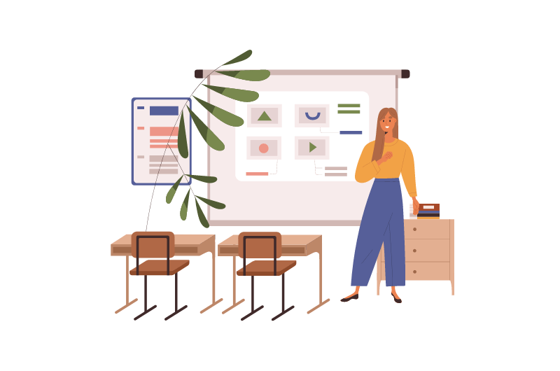 A woman giving a presentation in a classroom.