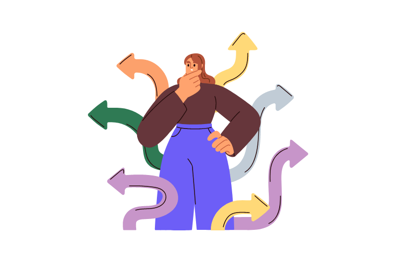 A woman thinking with multiple arrows flowing around her.